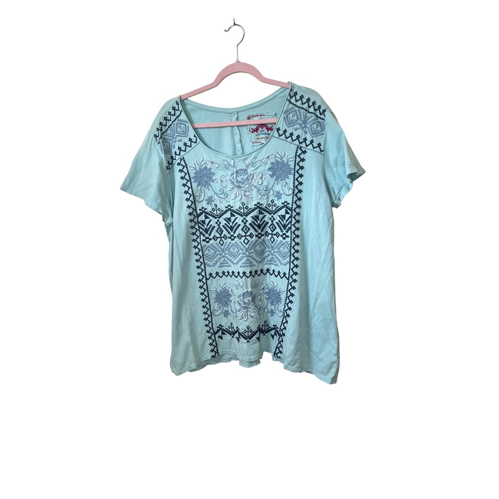 JW Los Angeles Turquoise Embroidered Tunic Top Shirt Womens XL Button Back